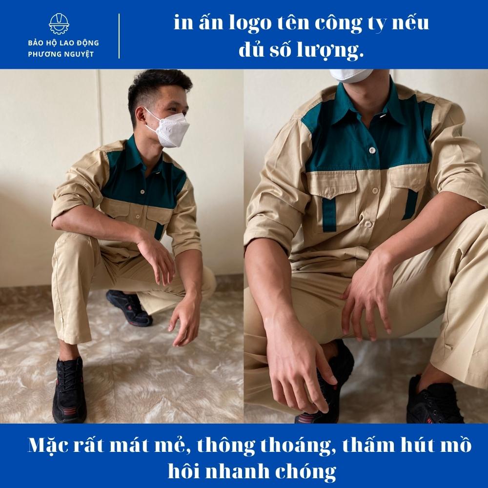 Quần áo bảo hộ lao động be vàng phối xanh két vải kaki 3/1 dày dặn, may đẹp may kĩ, không bai, không xù, không dão