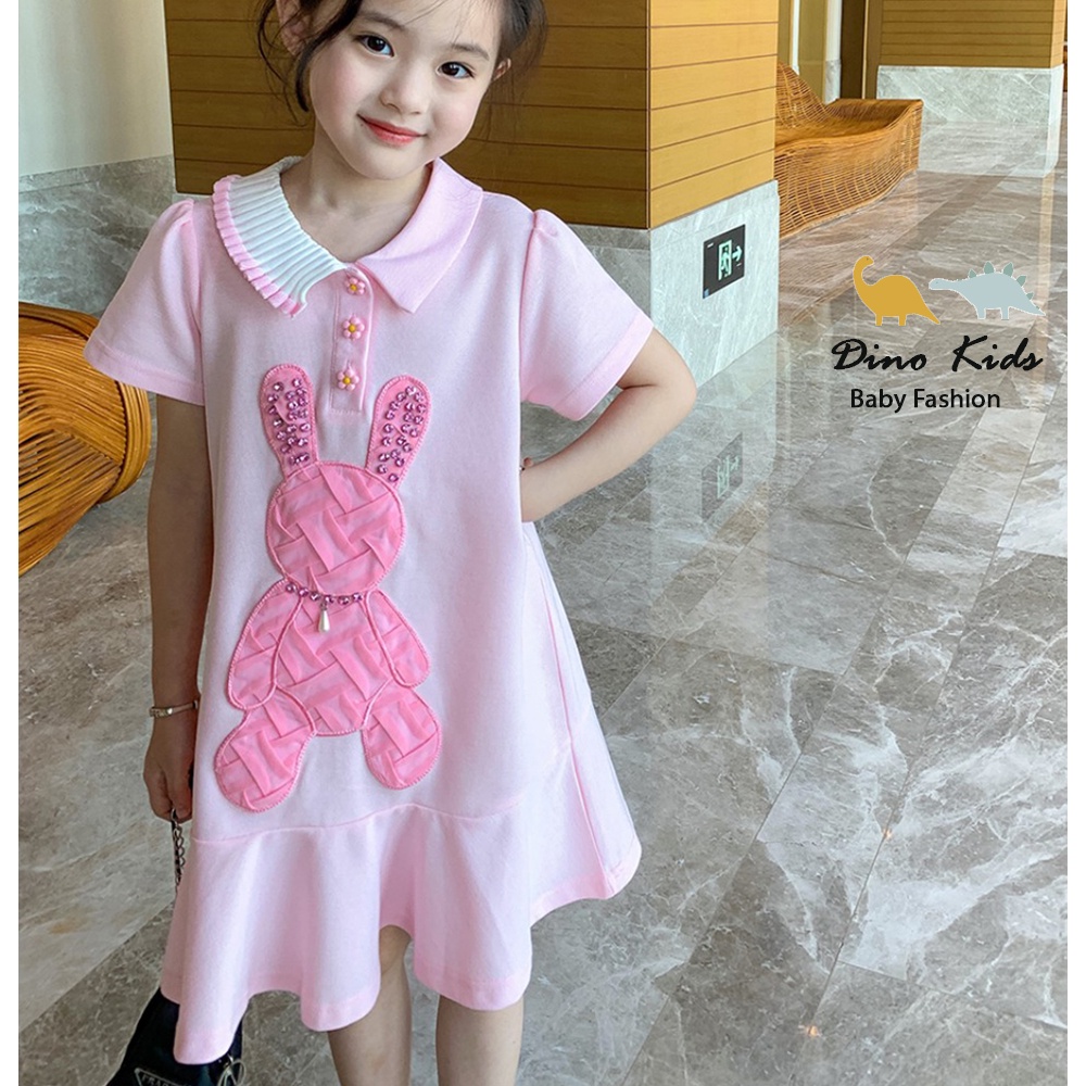Váy đuôi cá cho bé gái, Set váy cổ polo họa tiết thỏ hồng to dễ thương cho bé size 10-32kg