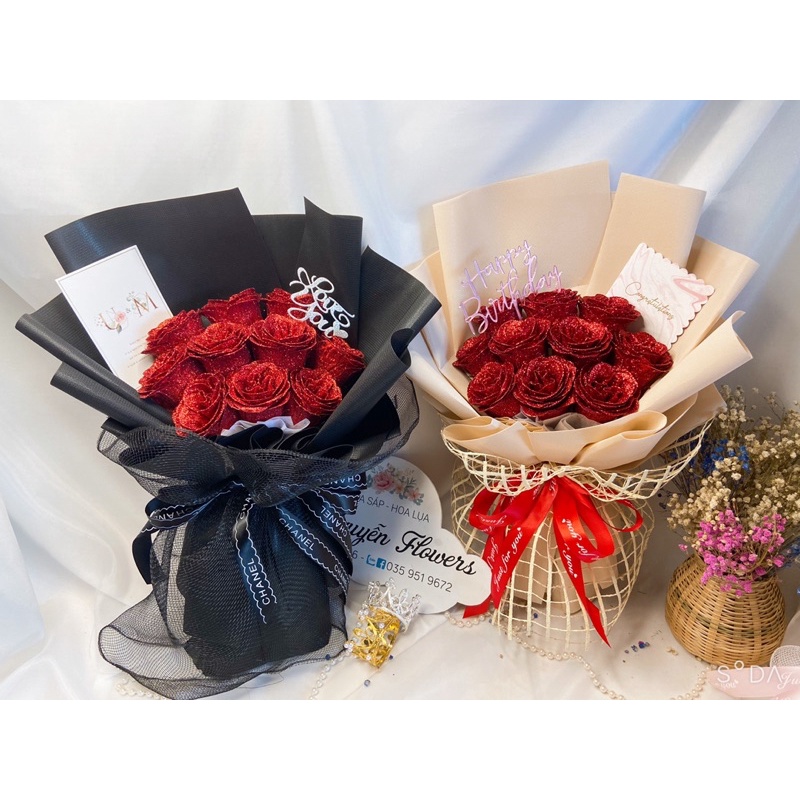 [Hoa sinh nhật - Quà 20-10] Bó hoa hồng nhũ 10 bông tặng kèm chữ love và thiệp