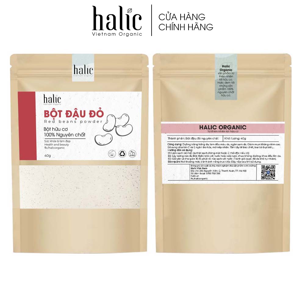 Bột Đậu Đỏ tắm trắng nguyên chất Halic Organic 40G đắp mặt nạ tắm trắng da, tẩy tế bào chết, mờ thâm nám