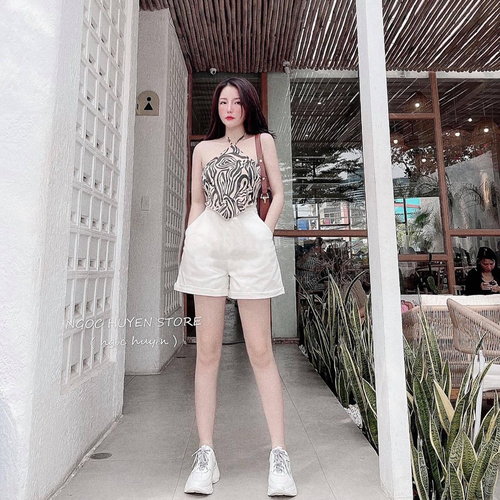[C291] Set bộ áo yếm vằn mix quần sooc trắng - Set áo yêm hở lưng dáng ôm mix quần sooc cạp chun freesize giá siêu rẻ