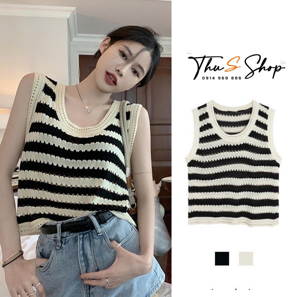 Áo Ba Lỗ Len Mỏng Dệt Kim Croptop Kẻ Sọc Ngang, Áo Kiểu CRT Sát Nách Form Rộng Dáng Suông Mềm Mát THUS317
