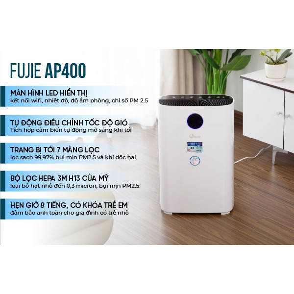 Máy lọc không khí thông minh kết nối Wifi FujiE AP400 (7 màng lọc,màng Hepa3M-Mỹ) cho phòng từ 28-48m