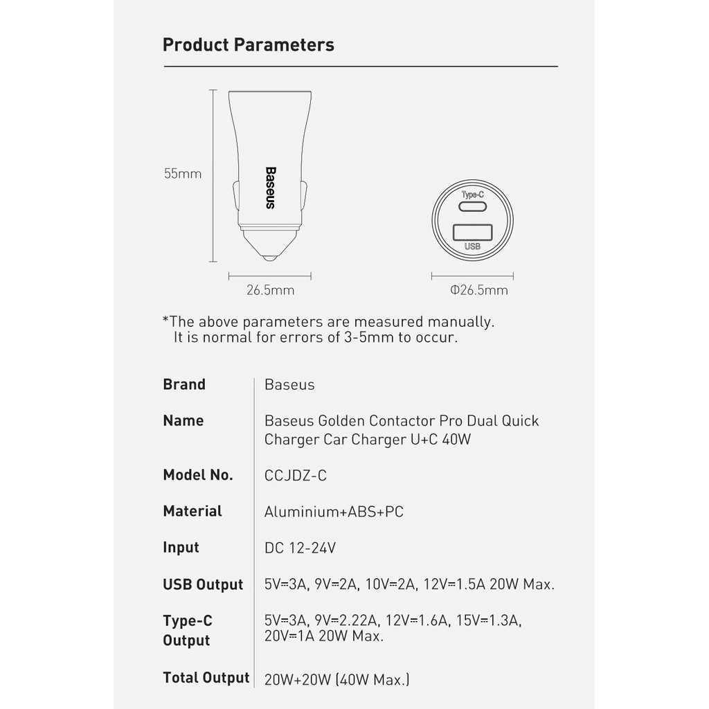 [USB+Type-C] Đầu sạc trên ô-tô 40W Baseus Golden Contactor Pro Dual U+C 40W CCJDZ - C