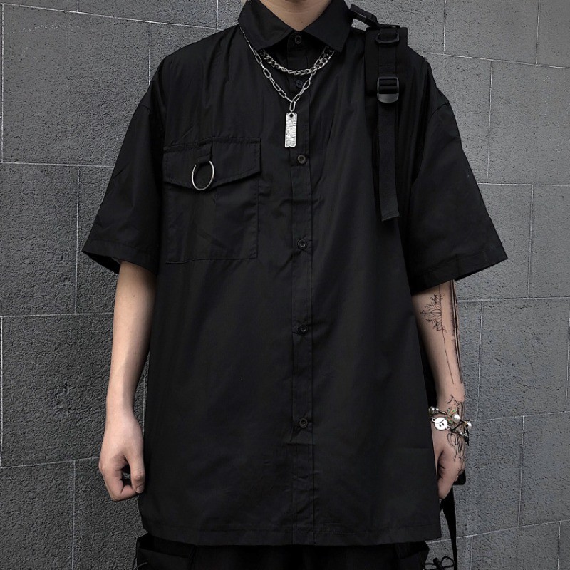Áo sơ mi đen túi ngực phối vòng style unisex size M L XL