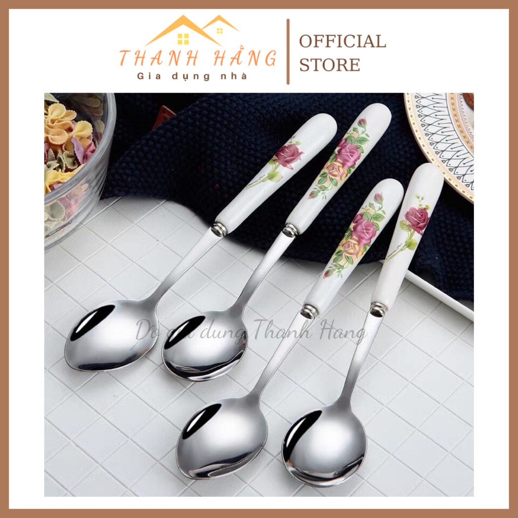 Thìa dĩa inox bọc sứ hoa sang trọng freeship thìa uống trà ăn bánh nĩa ăn hoa quả đẹp mini