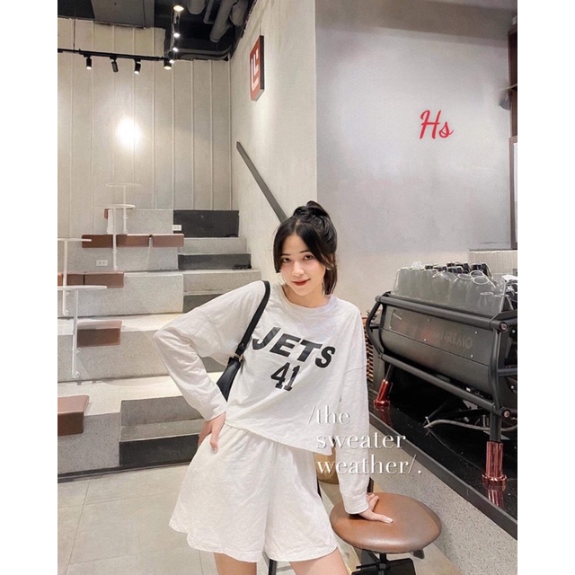 Bộ Quần Short Áo Thun JETS 41 🦋 Set Quần Cộc Áo Dài Tay In Chữ Chất Cotton 2 Màu 🦋