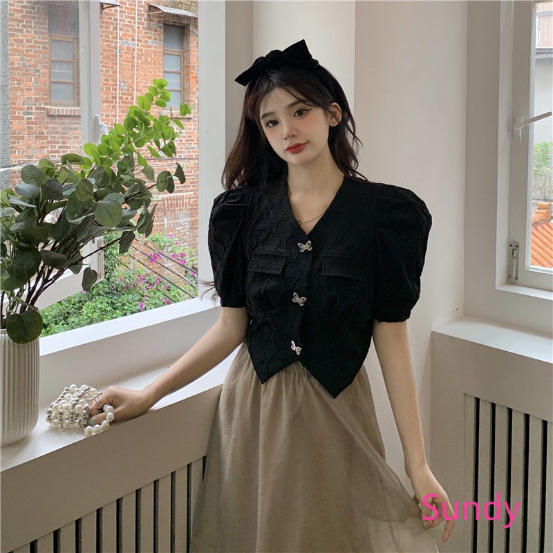Áo Kiểu Tay Phồng Cổ Chữ V Phong Cách Vintage Pháp Hợp Mùa Hè Cho Nữ