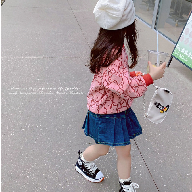 Áo thun  tay dài cổ tròn in họa tiết gấu thời trang xuân thu cho bé gái 1-8 tuổi