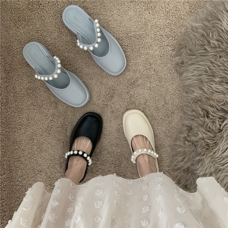 Sục Nữ Ulzzang Vintage, Dép Sục Da PU Quai Đính Ngọc Mũi Vuông Tròn Đế Bằng Phong Cách Hàn Quốc - Iclassy_shoes