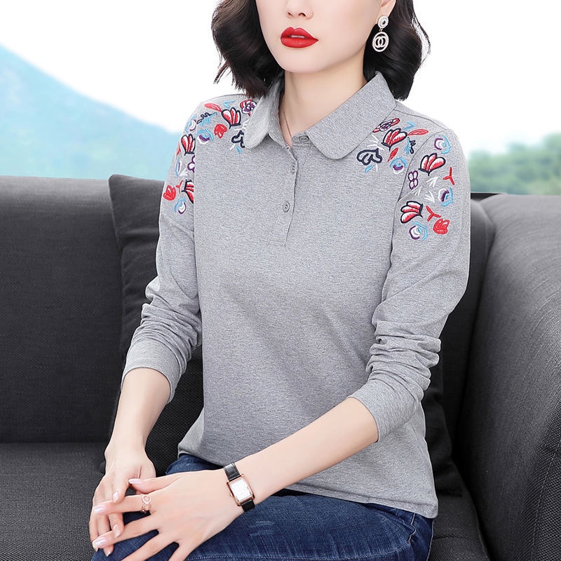 Áo polo 100% cotton Tay Dài Thêu Họa Tiết Thời Trang Mùa Thu Dành Cho Nữ Trung Niên 2022