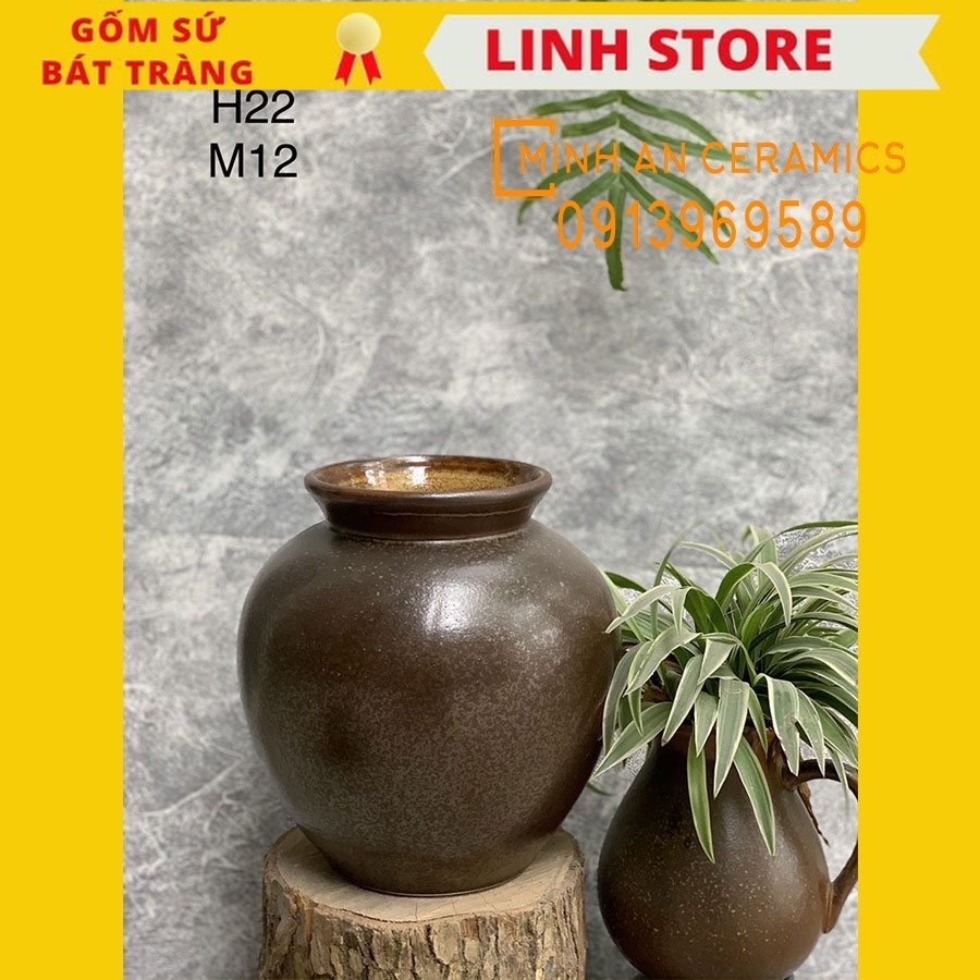 Gốm Bát Tràng Bình Hoa Lọ Hoa Men Mộc Dáng Vò Tròn Đắp Sen Nổi, Vẽ Hoa Văn, Bóng Gốm Linh Store