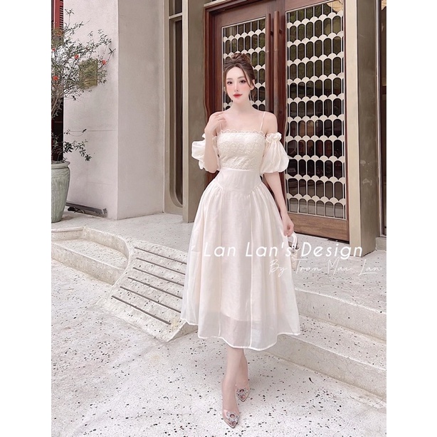 Váy trễ vai ren. Đầm 2 dây tay bồng trễ vai phối tơ nến đẹp đi tiệc ,dạo phố, đi chơi sang chảnh