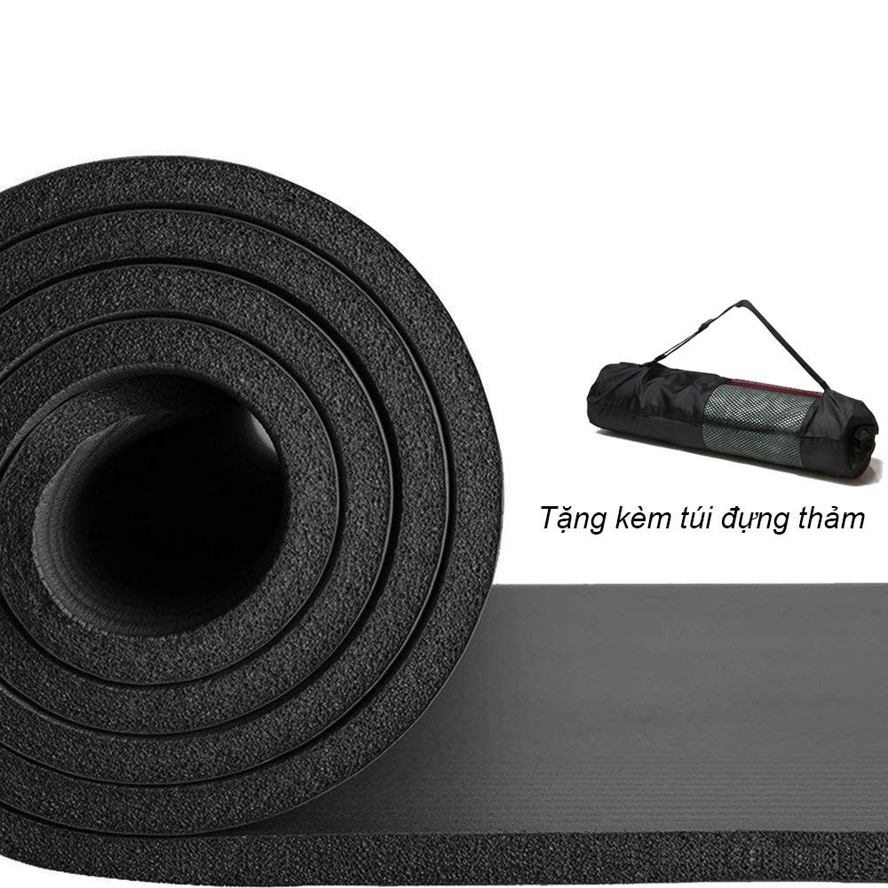 Thảm tập Yoga siêu dày 10mm - Màu Đen - (tặng kèm túi đựng và dây đeo)