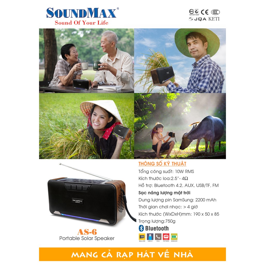 Loa di động SoundMax AS-6, nghe đài FM, sạc năng lượng mặt trời