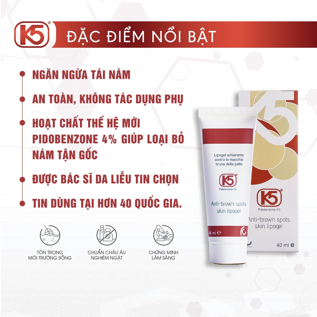 Kem chống tăng sắc tố K5 Lipogel 40ml - ngăn ngừa và làm mờ vết nám sau 4-6 tuần sử dụng, được bác sĩ tin chọn