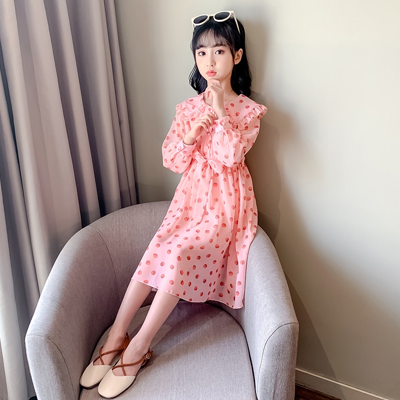 Đầm Tay Dài Cổ Bẻ Họa Tiết Chấm Bi Đơn Giản Thời Trang Mùa Hè Mới Dành Cho Bé Gái 2022