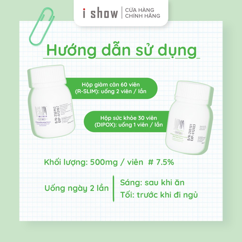 ISHOW Combo thực phẩm giảm cân và bảo vệ sức khoẻ R-Slim + Dipox - TẶNG KHẨU TRANG 3 LỚP