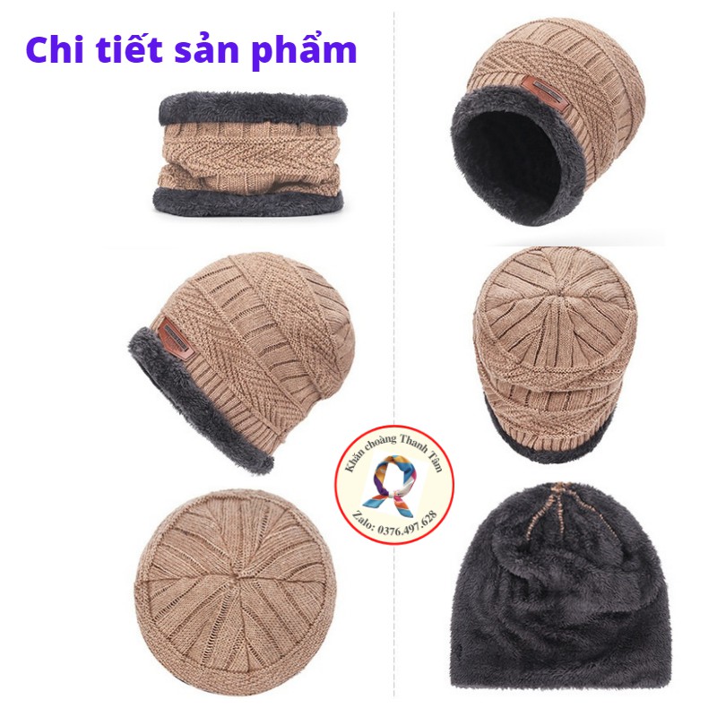 COMBO Mũ len trùm đầu kèm khăn ống choàng cổ bên trong lót lông giữ ấm mùa đông cao cấp