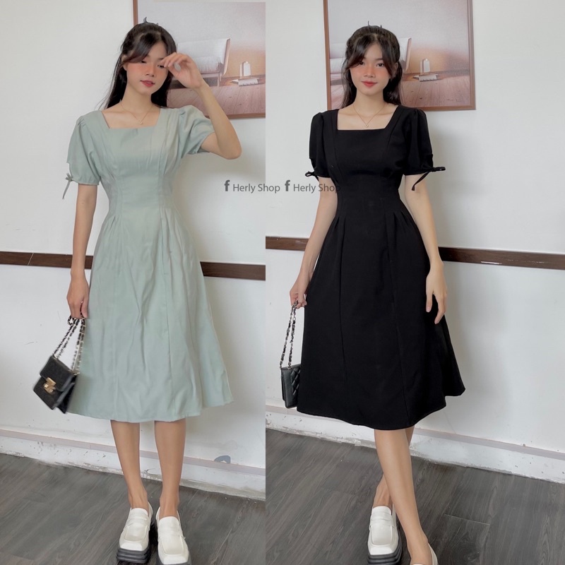 ĐẦM MIDI CỔ U XẾP LY EO TAY BỒNG
