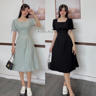 Đầm midi cổ u xếp ly eo tay bồng
