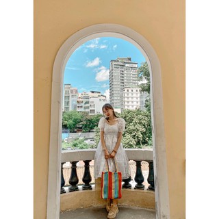 Đầm tay phồng kẻ sọc midi
