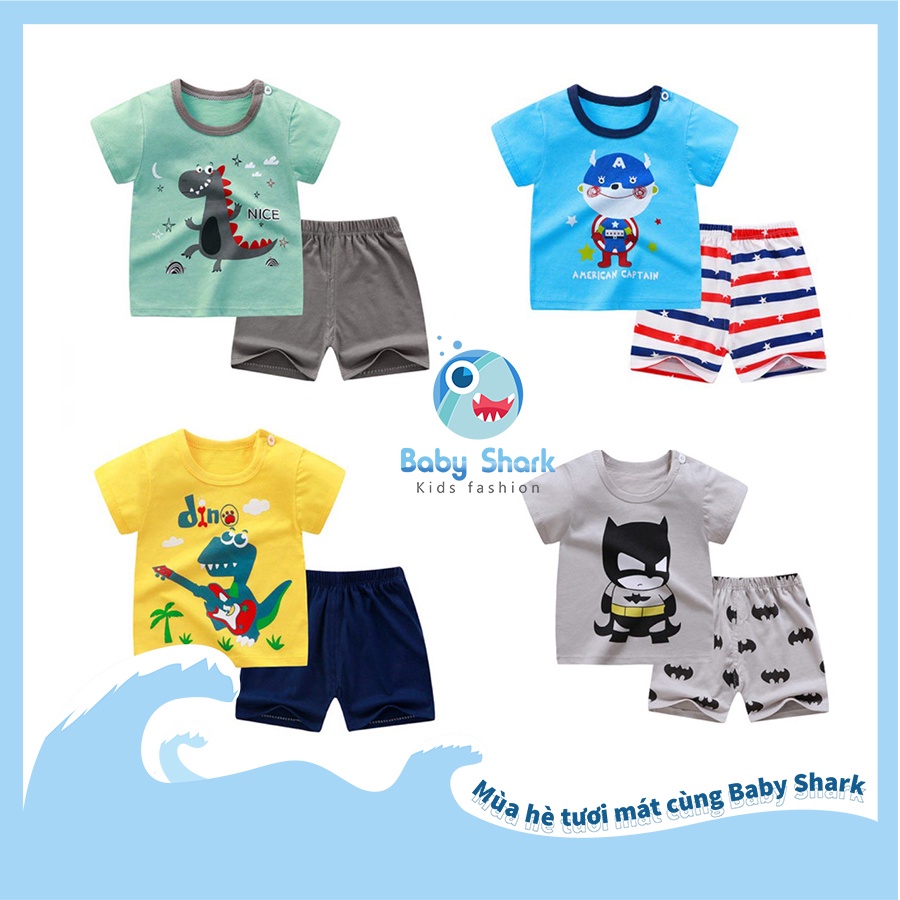 Bộ cộc tay hè cho bé trai từ 1 đến 6 tuổi BABY SHARK hàng chuẩn Cotton mềm mịn thoáng mát