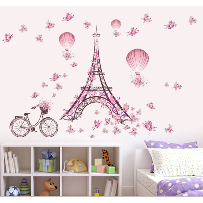 Decal phòng cưới tháp Eiffel hồng xe đạp-  ZY074456-2 -thaomivi