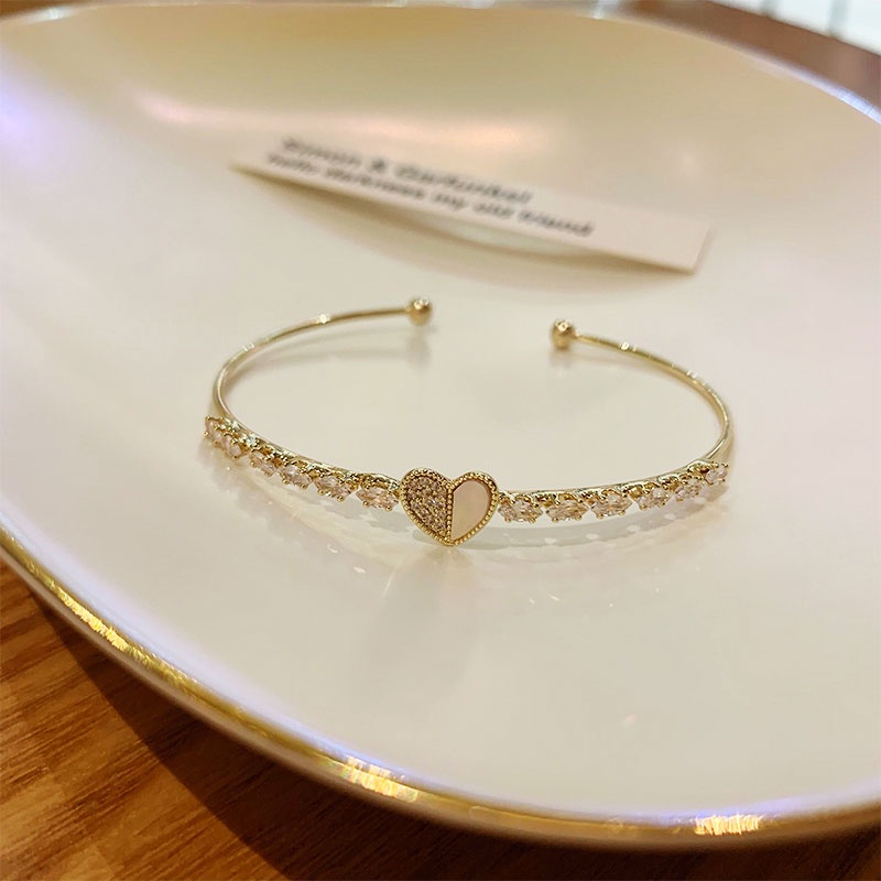 MANYUE Vòng tay thiết kế hở đính đá zircon mặt trái tim có thể điều chỉnh phong cách Hàn Quốc cho nữ