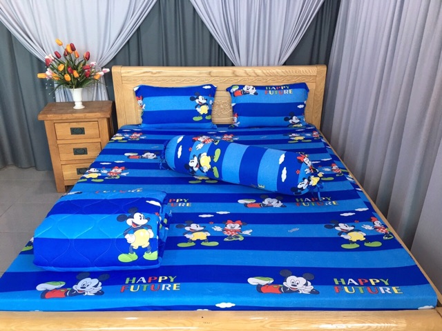 Bộ drap thun☘️FREESHIP☘️ga thun lạnh Hàn Quốc mẫu chuột mickey ( 1 ga, 3 vỏ gối)