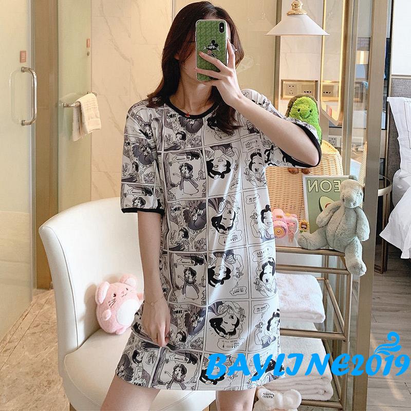 Đầm Ngủ Ngắn Tay In Họa Tiết Dễ Thương Thời Trang Nữ