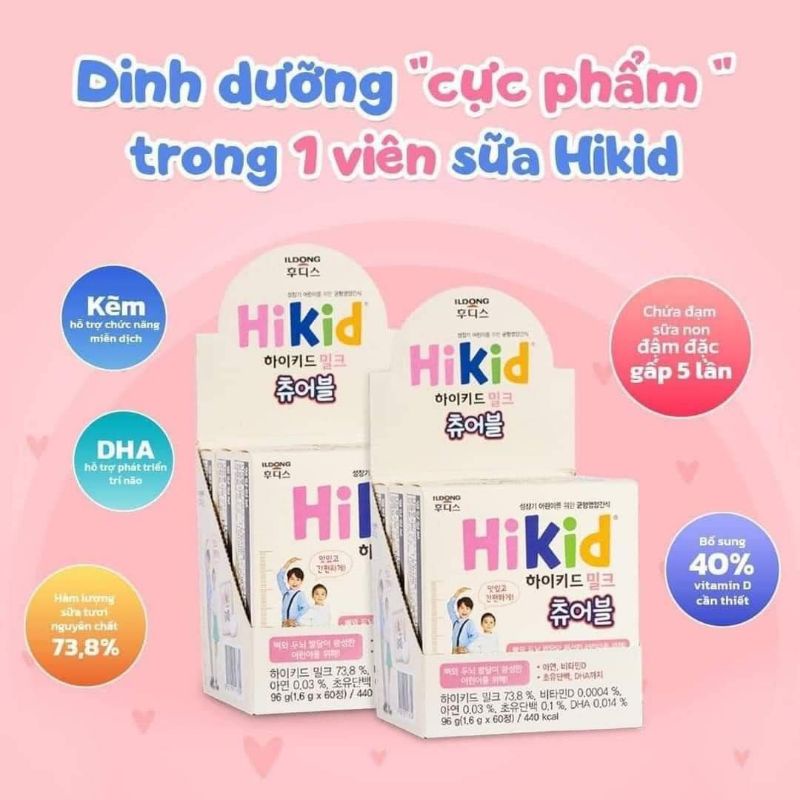 Sữa Hikid Milk Chewable 60 viên kẹo thơm ngon bổ dưỡng cho bé từ 3-12 tuổi
