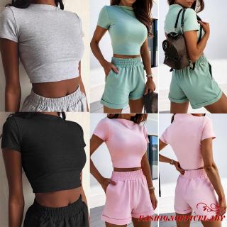 Set Áo Ngắn Tay Cổ Cao + Quần Short Lưng Cao Thời Trang Nữ