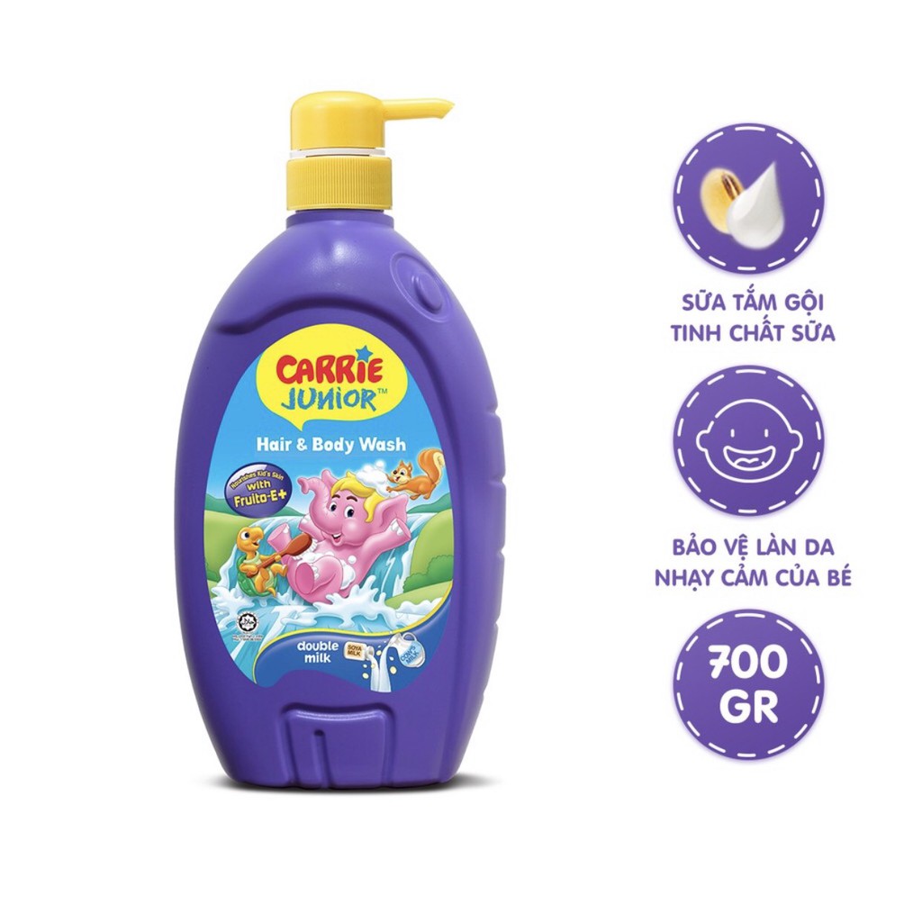 Carrie Junior Tắm gội cho bé tinh chất sữa 700ml tặng Voi bông