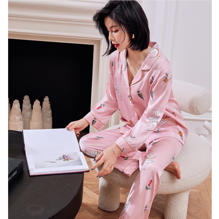 Bộ pijama lụa tay dài quần dài -Bộ đồ mặc nhà Pijama lụa - cô chủ nhỏ chuyên sỉ