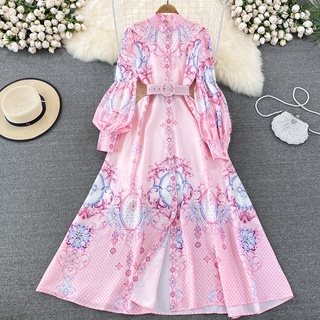 #1641 [Sẵn một số size]  Đầm mùa thu retro đứng cổ áo dài tay eo in một đường ngực váy đầm xòe lớn thanh lịch