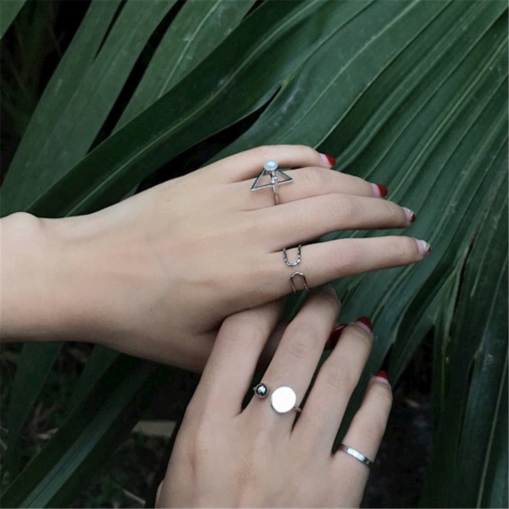 Set 4 chiếc nhẫn hở kiểu dáng hình học đính ngọc trai có thể điều chỉnh cho nữ