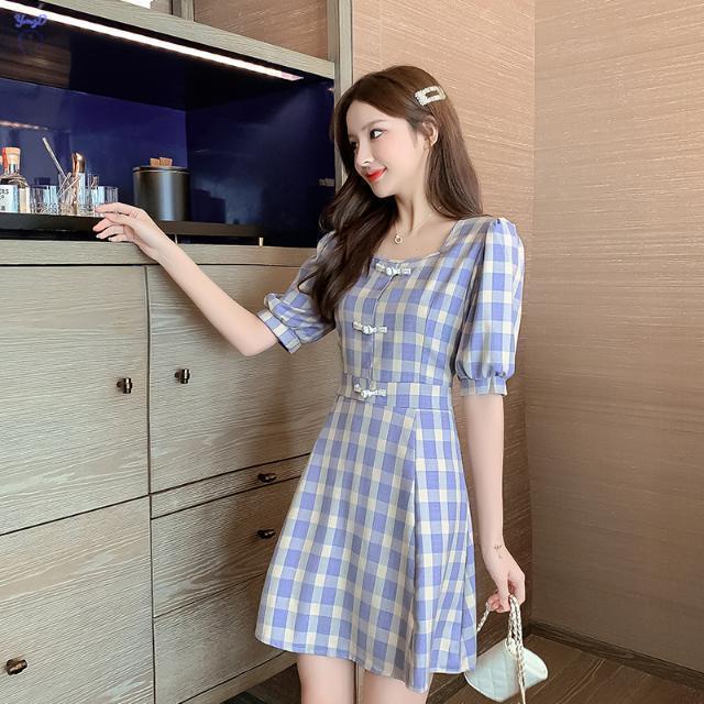 Đầm Tay Ngắn Phồng Cổ Vuông Eo Cao Họa Tiết Sọc Caro Màu Xanh Dương Thời Trang Mùa Hè Cho Nữ