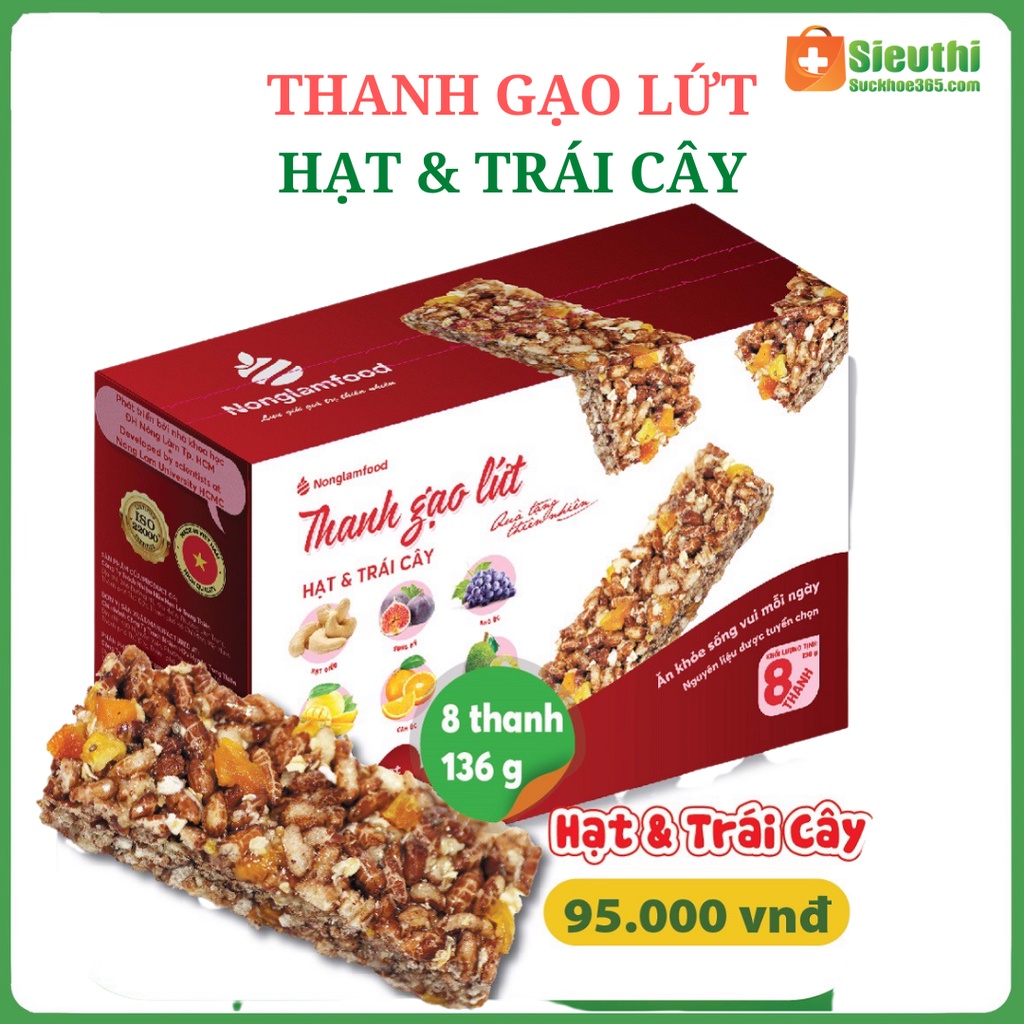 Bánh thanh cơm gạo lứt sấy hạt & Trái Cây hộp 8 thanh 136g nhiều vitamin dinh dưỡng dùng cho người tiểu đường, ăn kiêng