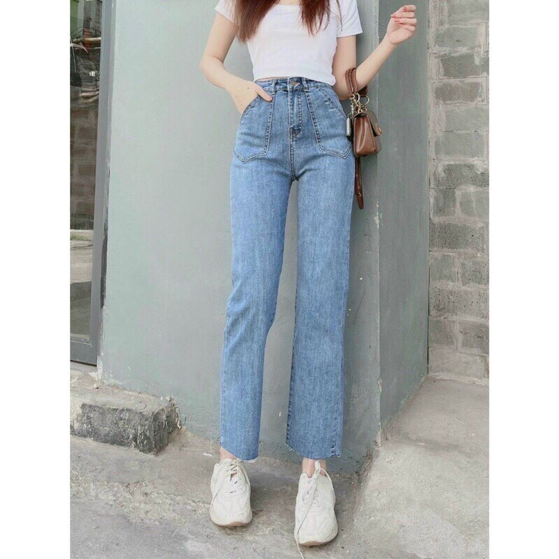 Quần bò jean nữ ống đứng jeans cạp cao loe co giãn | BigBuy360 - bigbuy360.vn