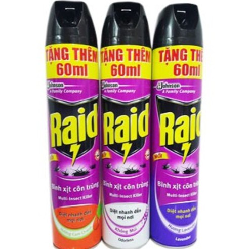 Chai Xịt muỗi Raid 600ml + 60ml hương chanh/ không mùi/ lavender-giá không đổi