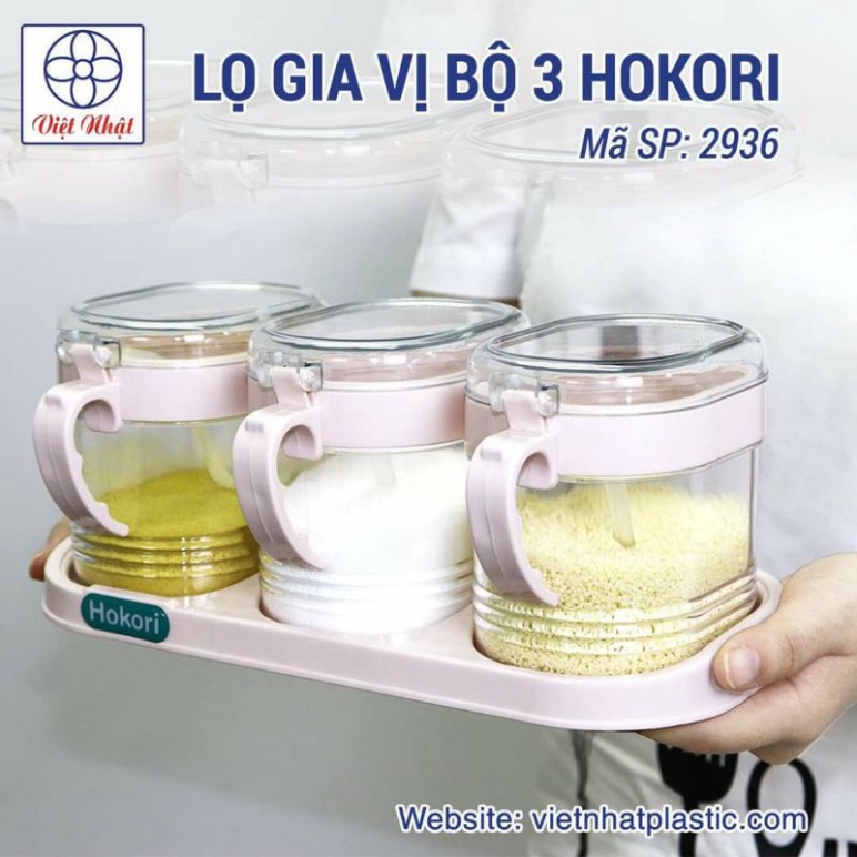 set 3 hũ đựng gia vị hokori, hũ nhựa đựng gia vị bật nắp kèm muỗng 2936