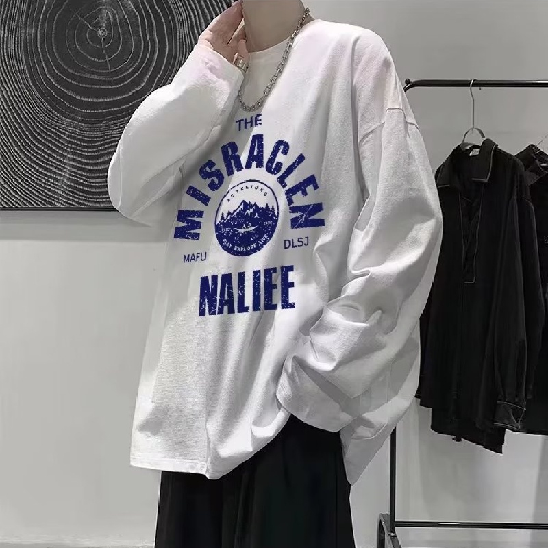 Áo Thun Tay Dài Cổ Tròn Dáng Rộng In Chữ Phong Cách Hip Hop Nhật Bản Thời Trang Cho Nam Giới Size M-5XL
