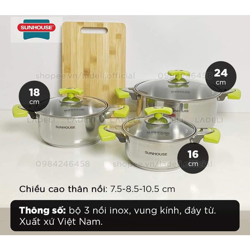 BỘ NỒI INOX 3 ĐÁY SUNHOUSE SH336