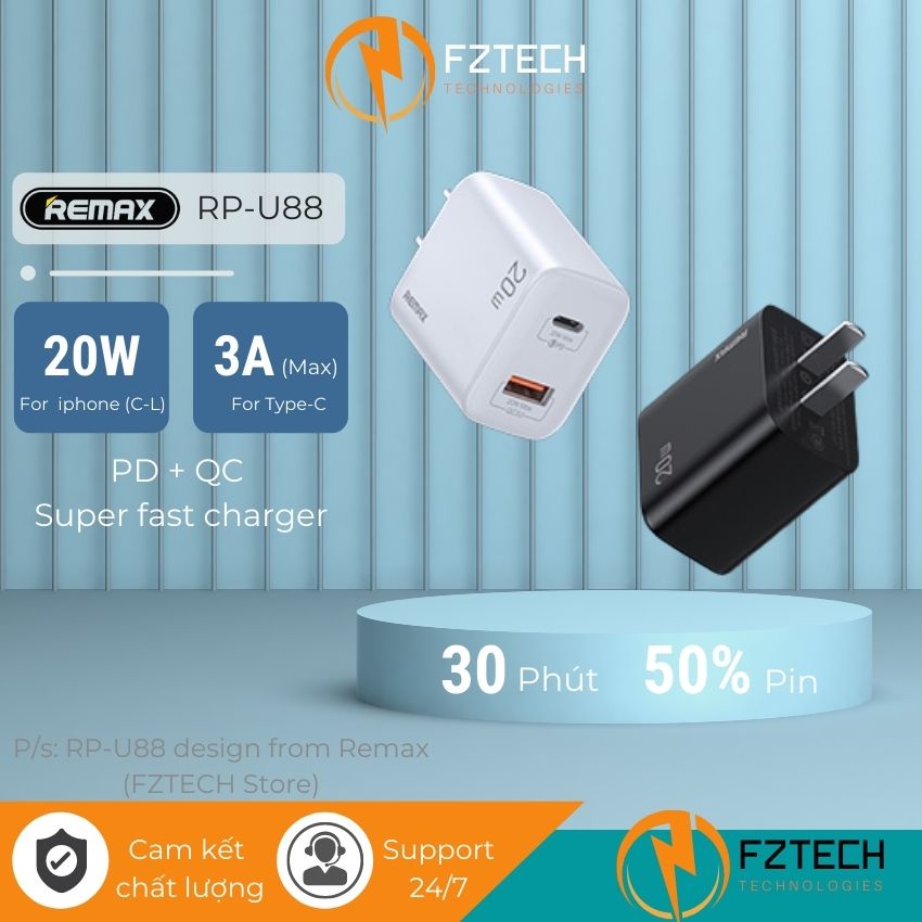 Củ Sạc Nhanh iPhone Remax RP U88 FZTECH Củ Sạc Nhanh Chính Hãng 2 Cổng Type C PD 20W Và USB QC3.0 20W Cho iPhone Samsung
