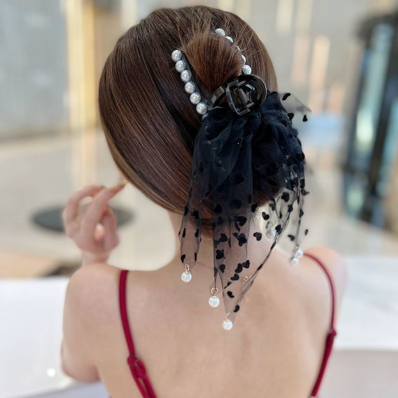 Kẹp Tóc Thắt Nơ Phối Tua Rua Họa Tiết Hình Tim