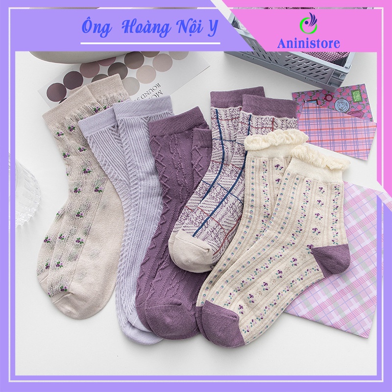 VIP Tất Nữ cao cổ Họa Tiết hoa tím Phong Cách Vintage Nhiều Mẫu  TA-CD07