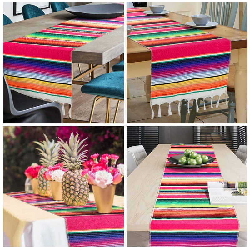 2 Pack 14 By 84 Inch Mexican Table Runner 14 x 84 Inch Mexican Party Wedding Decorations Fringe Cotton Serape Blanket Table Runner(Red