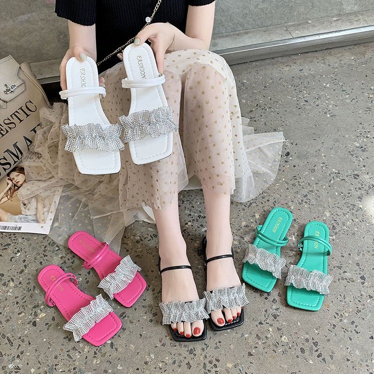 Square Head Metal Decoration Double Belt Two Wear Flat Sandals