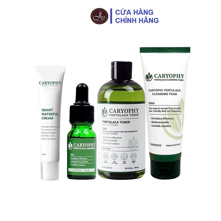 Bộ 4 Sản Phẩm Giảm Mụn Ngừa Thâm Caryophy Portulaca (Sữa rửa mặt + Toner + Serum + Kem)